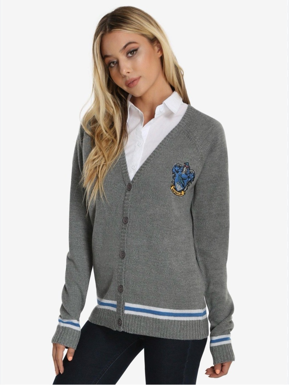 BoxLunch Cardigan Sweater Womens Medium Gray Harry Potter Ravenclaw Striped Knit